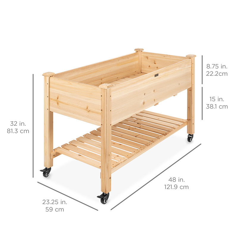 Cama de jardín elevada 48x24x32in Maceta de madera elevada móvil con ruedas bloqueables, estante de almacenamiento, revestimiento