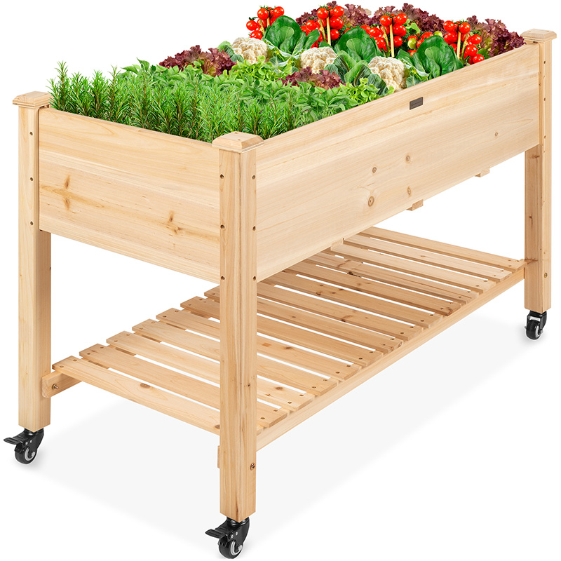 Cama de jardín elevada 48x24x32in Maceta de madera elevada móvil con ruedas bloqueables, estante de almacenamiento, revestimiento