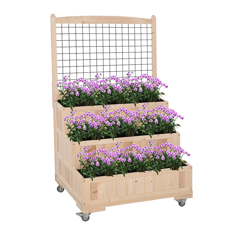 Cama de jardín elevada de madera de 3 niveles con ruedas, enrejado, área de almacenamiento trasera, fácil de mover para flores, hierbas, natural