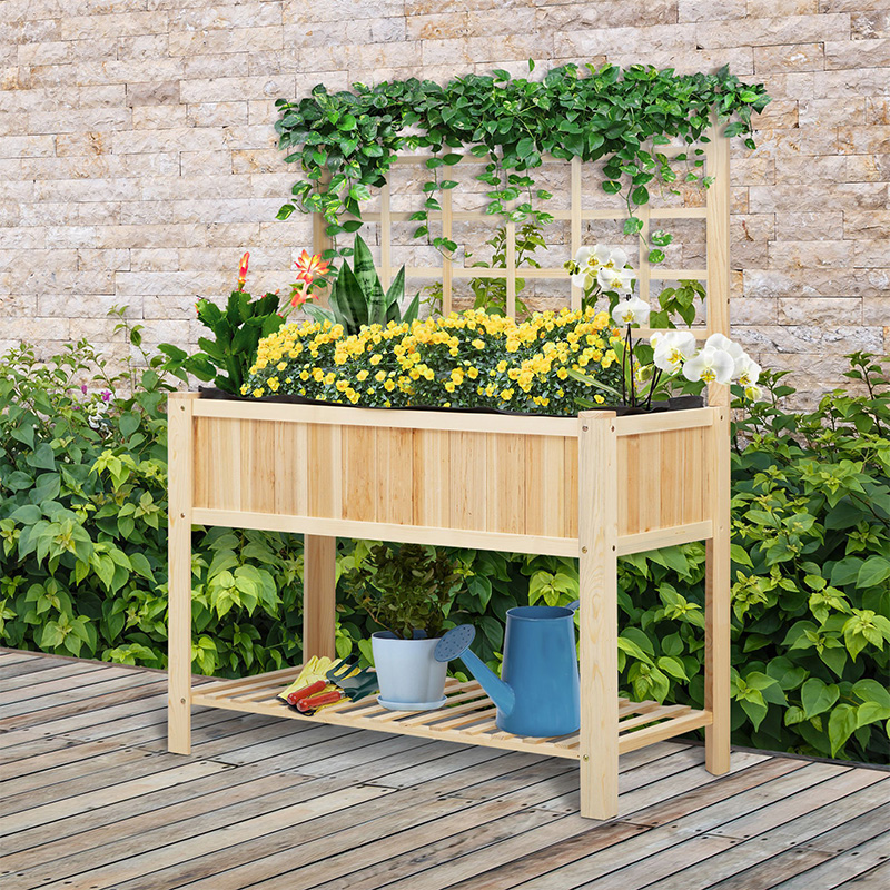 Cama de jardín elevada de madera de 47 pulgadas con enrejado, soporte de caja de maceta elevada de estilo rural con estante de almacenamiento abierto, área de plantación espaciosa para verduras, hierbas, flores