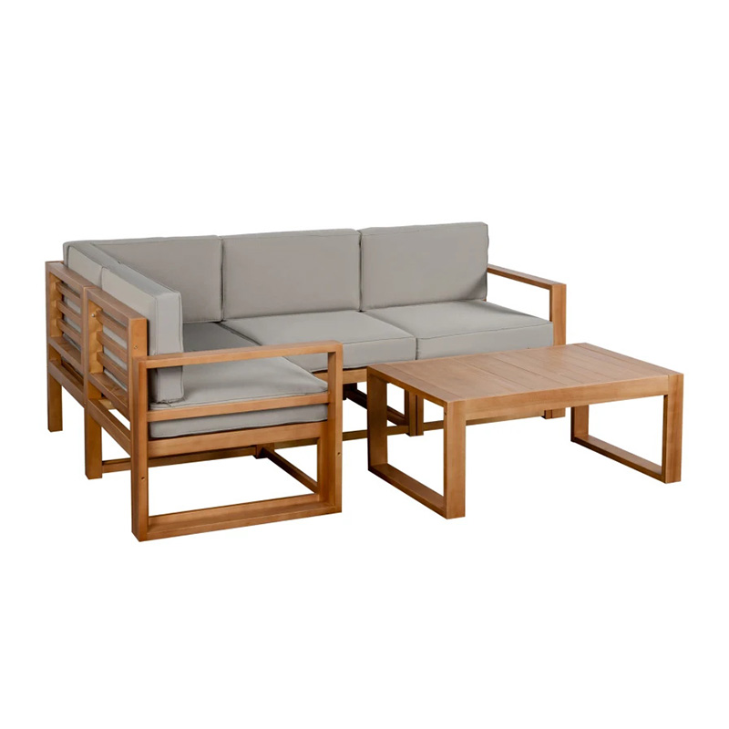Juego de muebles de patio en forma de L de 5 plazas, juego de conversación de sofá seccional para exteriores de madera con mesa de café y cojines para jardín, patio, porche y junto a la piscina, gris
