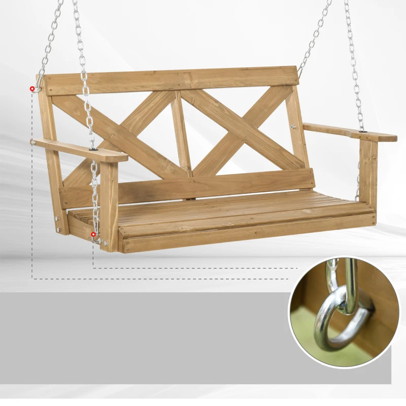 Columpio de porche de madera para 2 personas con cadenas de acero resistente y diseño rústico en forma de X para exteriores - Natural