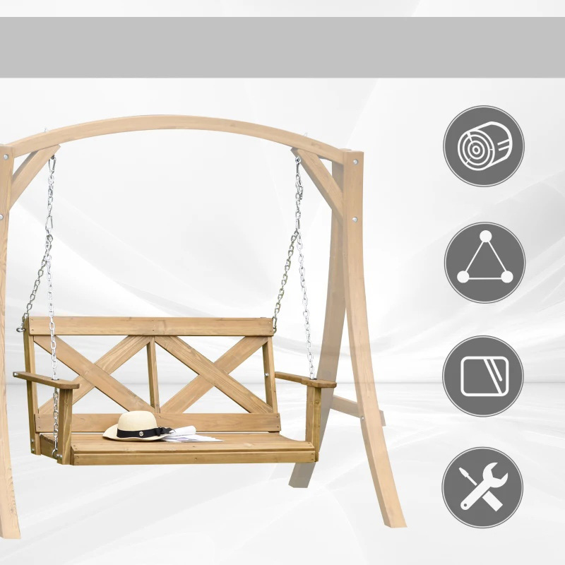 Columpio de porche de madera para 2 personas con cadenas de acero resistente y diseño rústico en forma de X para exteriores - Natural