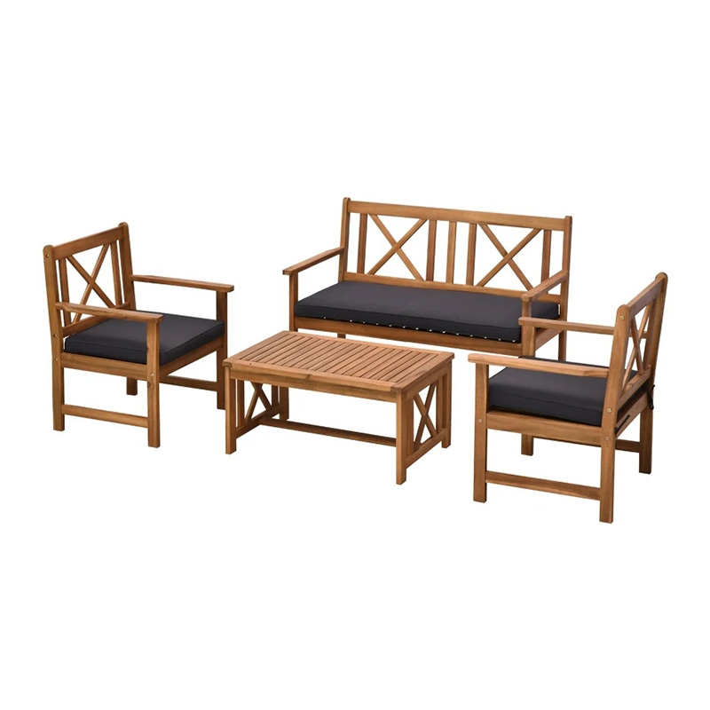 Juego de muebles de exterior de madera de acacia de 4 piezas con 2 sillones, 1 sofá y 1 mesa de café, cojines incluidos