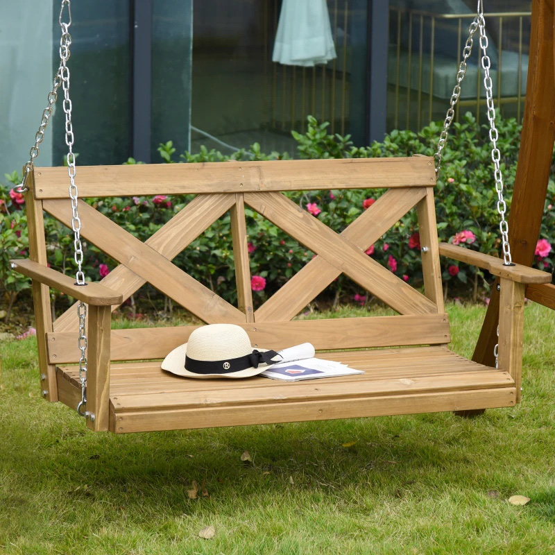 Columpio de porche de madera para 2 personas con cadenas de acero resistente y diseño rústico en forma de X para exteriores - Natural