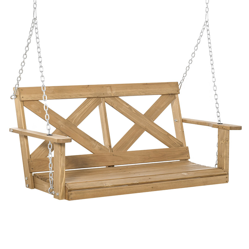 Columpio de porche de madera para 2 personas con cadenas de acero resistente y diseño rústico en forma de X para exteriores - Natural