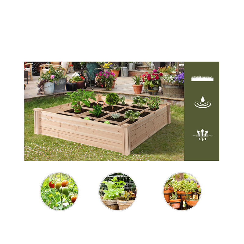 Caja de cama de jardín elevada de 3.9 pies x 3.9 pies con rejilla de crecimiento segmentada, material de madera para plantas y hierbas de patio trasero