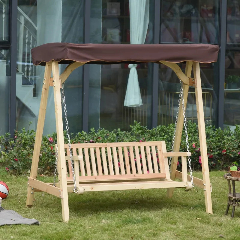 Columpio de porche para exteriores para 2 personas con soporte de madera, diseño de estructura en A resistente y toldo ajustable para combatir el agua