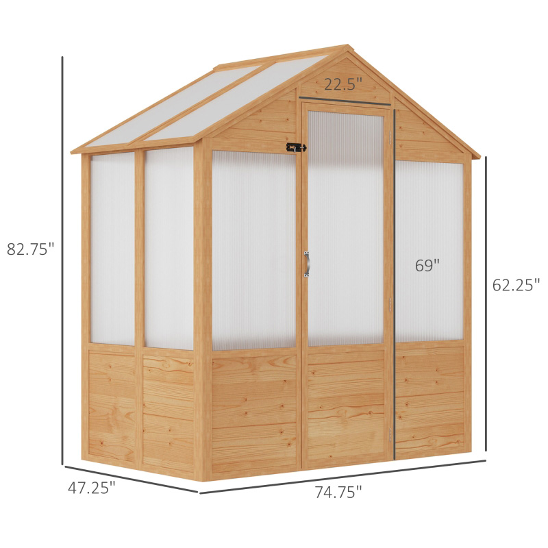 Invernadero de madera de 6' x 4' x 7', invernadero de policarbonato para exteriores con puerta, natural