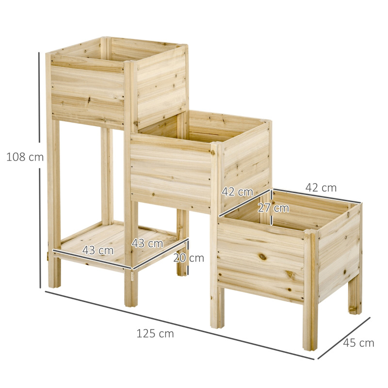 Cama de jardín elevada de 3 niveles con estante de almacenamiento, kit de jardinera de madera elevada