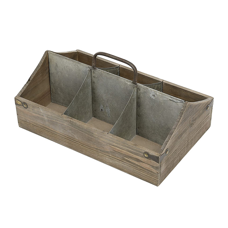 Caja organizadora de almacenamiento de madera vintage con 6 compartimentos, caja decorativa con divisores de metal de zinc galvanizado y asa