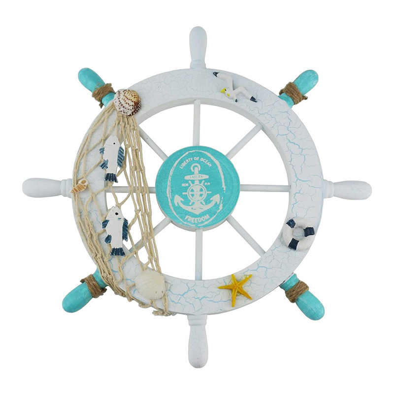 Volante de barco de madera náutica/rueda de barco de madera hecha a mano decoración pirata placa de adorno para colgar en la pared y la puerta (pez blanco)