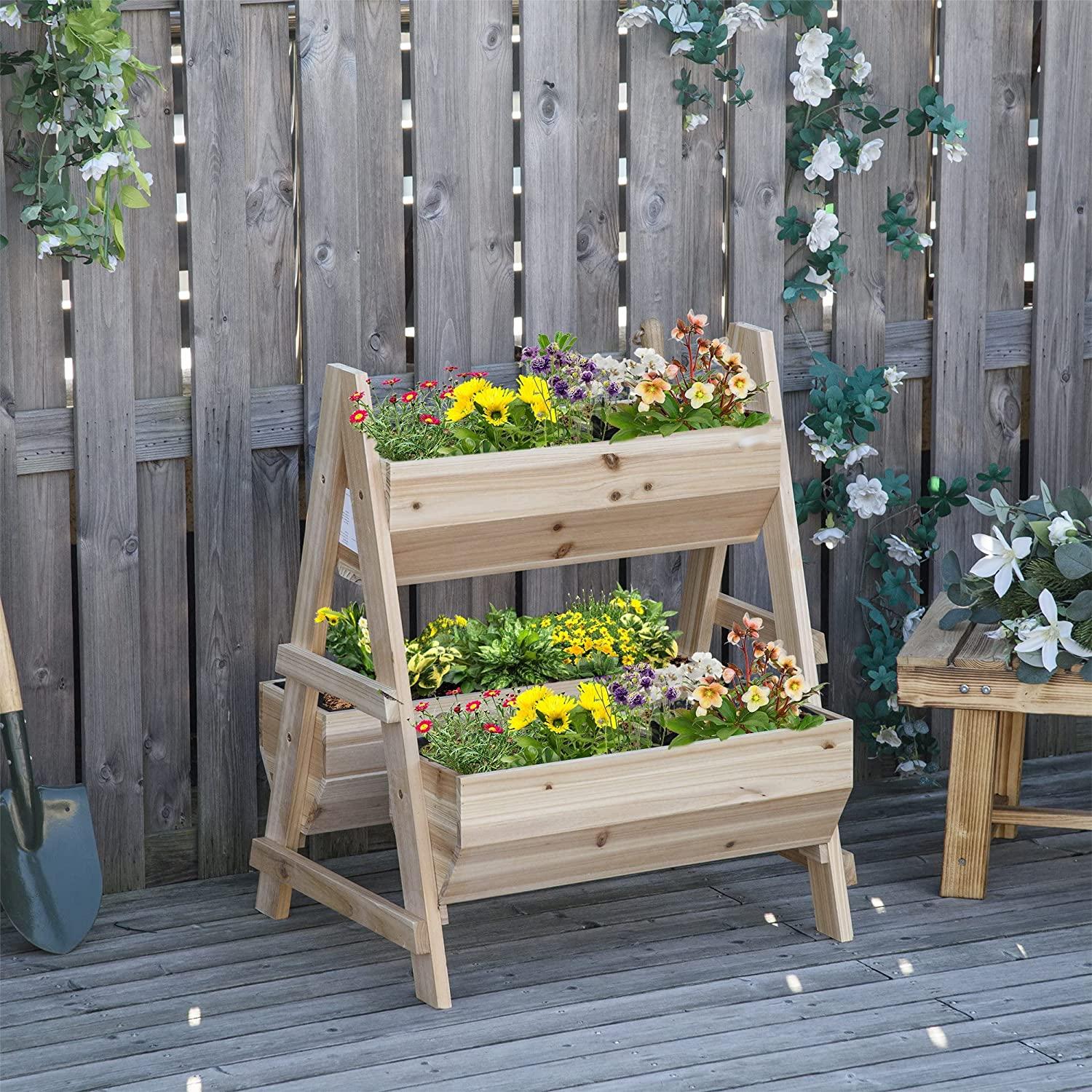 Jardinera de madera en forma de cama de jardín con tela no tejida para patio trasero