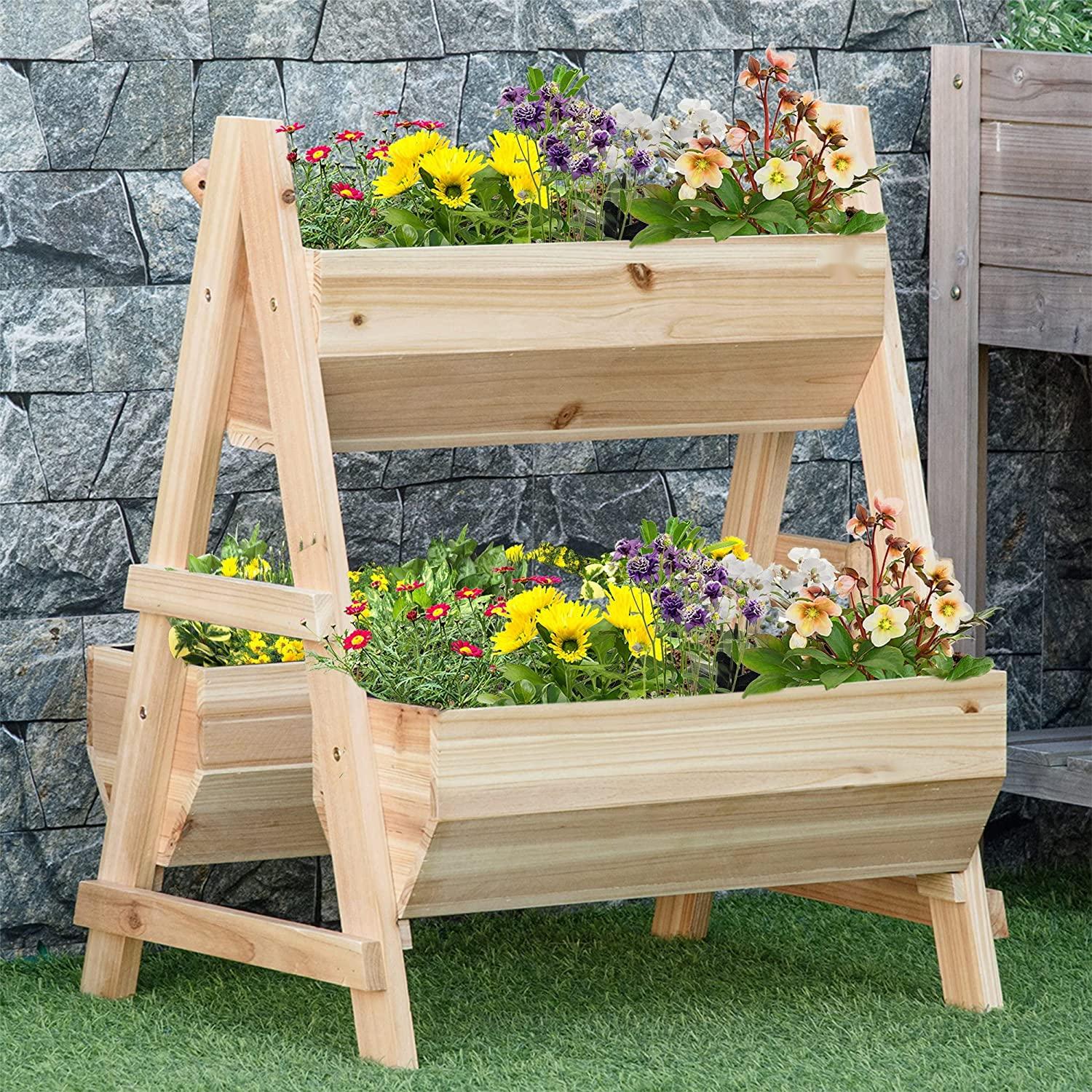 Jardinera de madera en forma de cama de jardín con tela no tejida para patio trasero