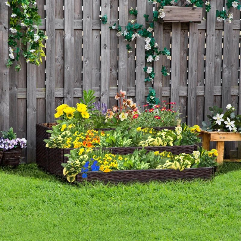 Maceta de flores de ratán para interiores/exteriores con estante de almacenamiento de herramientas debajo y área de trabajo elevada resistente de 28' H