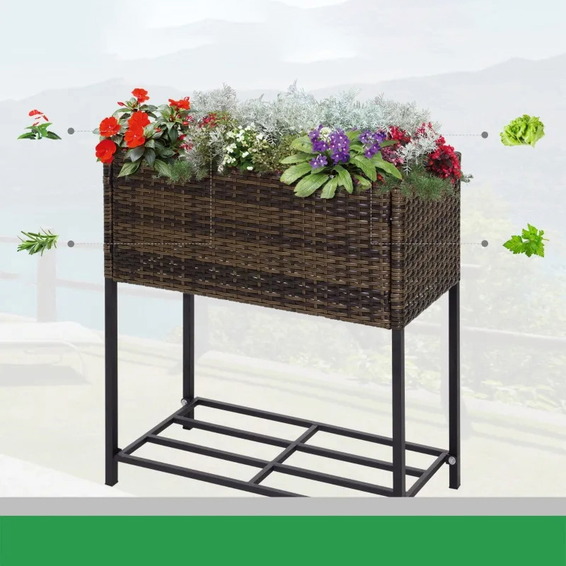 Maceta de flores de ratán para interiores/exteriores con estante de almacenamiento de herramientas debajo y área de trabajo elevada resistente de 28' H